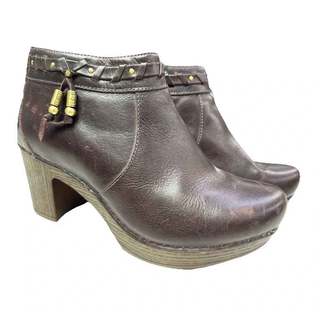 Dansko Brown Leather Dabney Ankle Boots Sz 40 US 9 Heeled Tassel Side Zip 3g